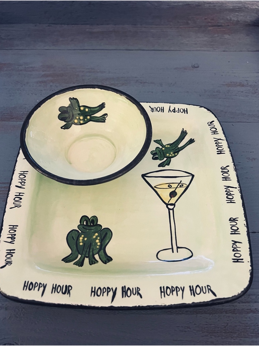 Ceramic 'hand painted ‘Hoppy Hour' Frog Appetizer Plate and Dip Bowl - Green